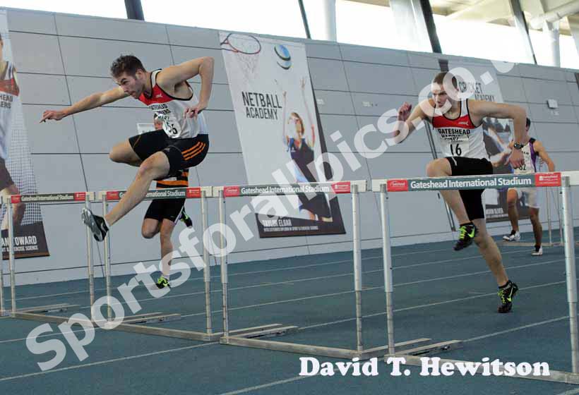 Sam Hall (Gateshead Harriers) winning the under-20 mens 60 metres hurdles, North East Indoor Champs, Gateshead.